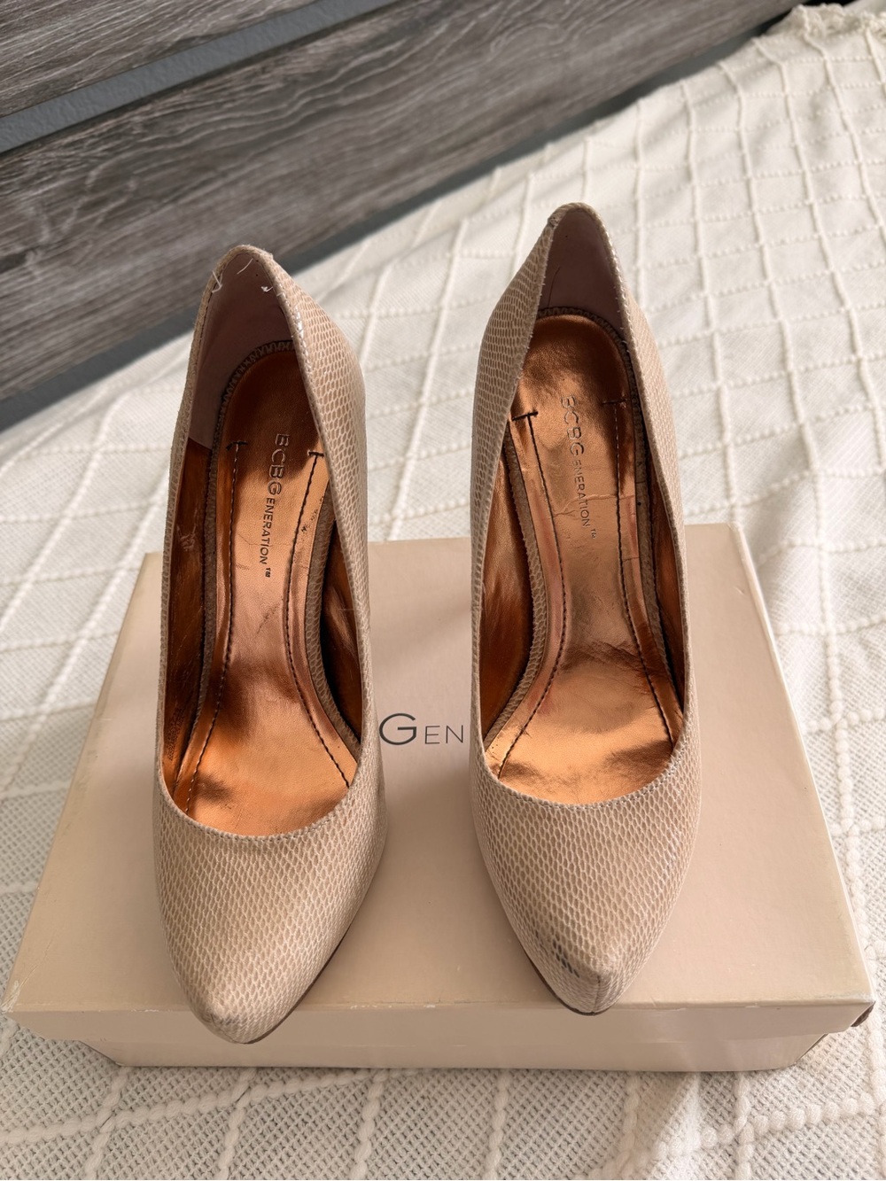 BCBGeneration Beige Textured Pointed Toe Stiletto Pumps